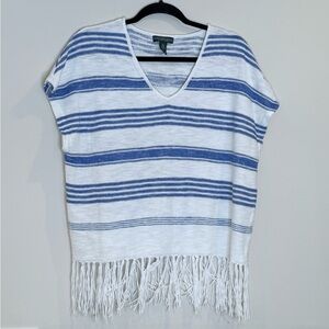 🔥Ralph Lauren Women’s Blue and White Striped Fringe Top Size M EUC🔥